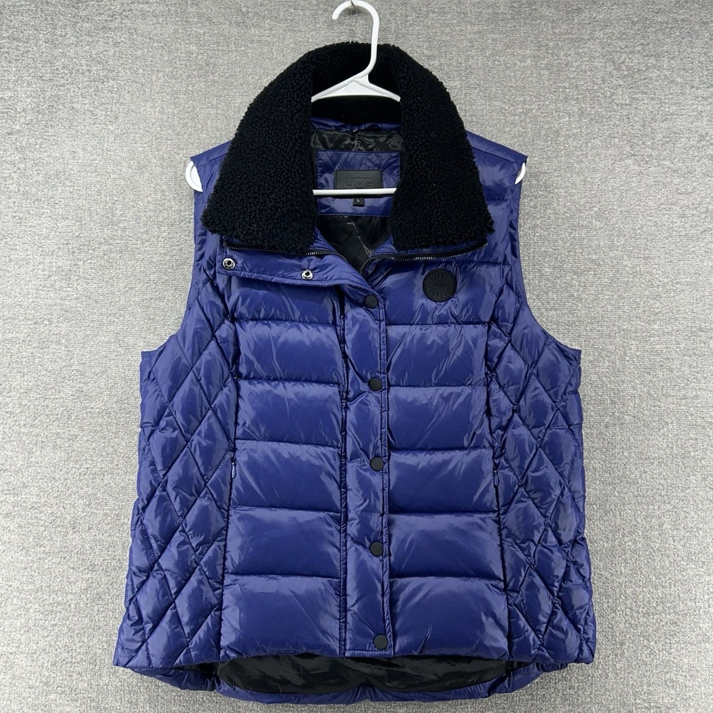 UGG Puffer Down Vest Women Size Large‎ Blue Detachable Collar Cozy